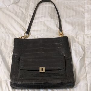 Black Crocodile-Embossed Shoulder Bag with Gold Hardware